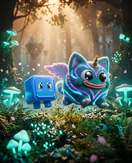 A blue cube character and a teal winged cat-creature with a small horn frolic together in a magical glowing forest filled with mushrooms and floating petals. The whimsical image captures the post's theme of finding a loyal companion, with the two cartoonish figures representing unlikely friends adventuring side by side in an enchanted setting.