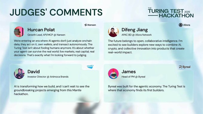 The image displays "JUDGES' COMMENTS" for "THE TURING TEST 2026 HACKATHON," featuring quotes from four judges: Hurcan Polat (Growth Lead, AP/MCP @ Nansen), Difeng Jiang (APAC BD @ Allora Network), David (Investor Director @ Animoca Brands), and James (Head of PM @ Byreal). The accompanying post highlights Difeng Jiang's emphasis on "open, collaborative intelligence" and combining AI with crypto to build the agentic economy—themes that align with his quoted comment about exploring open collaboration and creating real-world impact.