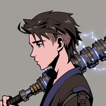 An anime-style side profile of a young man with brown hair carrying an electrified, glowing staff over his shoulder against a gray background.