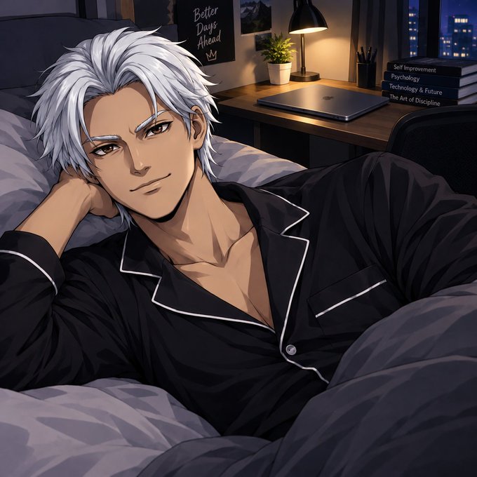 An anime-style illustration of a silver-haired man reclining on a bed in black pajamas with white piping, with a desk lamp, laptop, books, plant, and wall art behind him; one sign reads “Better Days Ahead.”