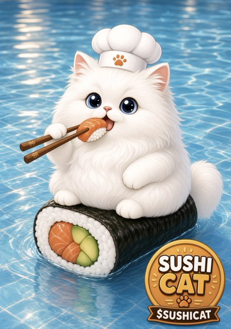 An adorable fluffy white cat wearing a chef's hat and holding chopsticks with a piece of salmon nigiri, sitting on top of a giant maki roll floating in water, with the logo "SUSHI CAT $SUSHICAT" in the corner. The cute chef cat mascot ties directly into the $SUSHICAT token branding, matching the playful "cat szn" theme of the post.