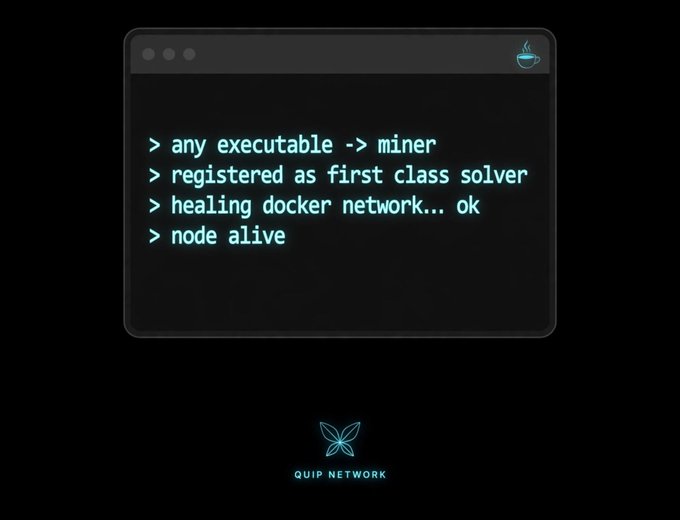 A terminal-style screen displaying network status messages about executables, miners, and Docker networks with 'QUIP NETWORK' branding at the bottom.