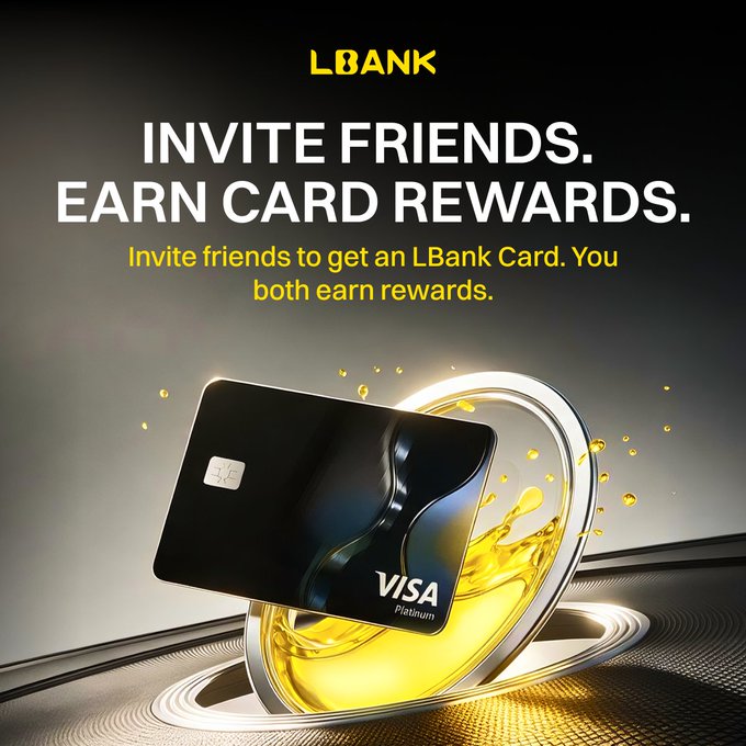 A promotional advertisement for LBank featuring a sleek black Visa Platinum card with a metallic chip surrounded by golden liquid splashes, displaying the headline "INVITE FRIENDS. EARN CARD REWARDS." The image reinforces the referral campaign's call to action by visually highlighting the premium LBank Visa Platinum Card that users and their invited friends can earn rewards toward.