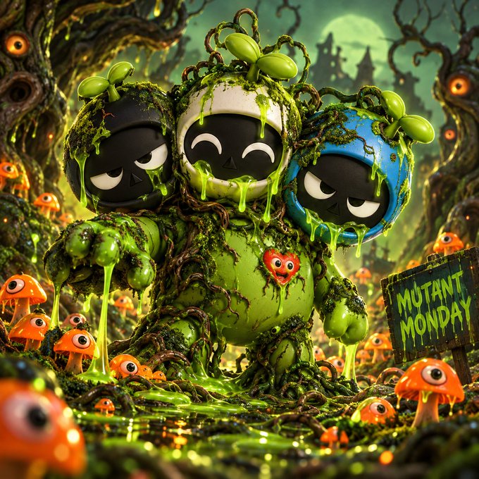 A 3D-rendered cartoon scene featuring a green, oozy three-headed creature with vine-like hair, surrounded by small orange mushrooms with eyes, and a wooden sign reading 'MUTANT MONDAY'.