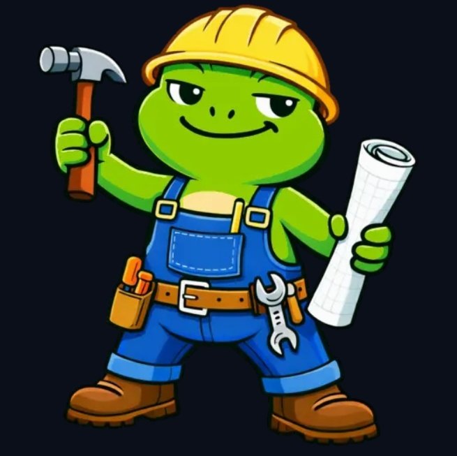 A cheerful cartoon frog in blue overalls and a yellow hard hat holds a hammer and rolled blueprints, symbolizing construction and project-building. This visual ties into the post's message about $FROG (The FrogToken) being a builder-focused project on SeiNetwork that delivers real development instead of hype.