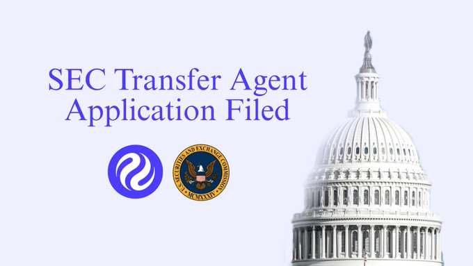 Graphic with text 'SEC Transfer Agent Application Filed' featuring the Injective logo and SEC seal against a backdrop of the U.S. Capitol dome.