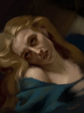 A classical-style oil painting portrays a woman with long, flowing blonde hair wearing a blue garment, gazing upward with a melancholic expression.