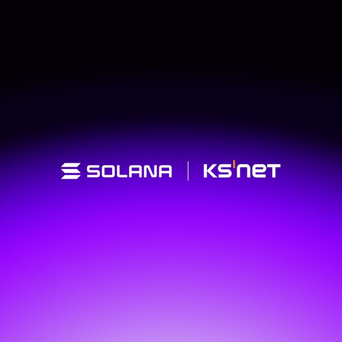 The image displays the logos of "SOLANA" and "KSNET" side by-side against a purple gradient background, visually representing the partnership mentioned in the post between Solana and the Korean payments giant KSNET for piloting Solana Pay across 330,000+ merchants.