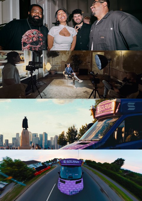 A four-panel collage showing a group of four people smiling at a photoshoot, a behind-the-scenes view of the studio with a seated subject and lighting equipment, a purple Solana-branded bus by a waterfront, and the same Solana bus driving on a highway at dusk.
