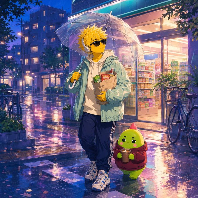 An anime-style illustration features a yellow-skinned character with spiky hair holding a transparent umbrella and a paper grocery bag on a wet city street, accompanied by a small green creature.