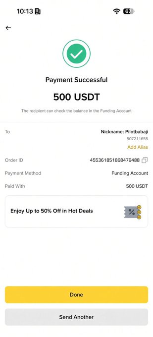 A mobile payment success screen showing a completed transfer of 500 USDT to nickname "Pilotbabaji" (UID 507211655) via Funding Account, with order ID 455361851868479488 and options to confirm or send another payment—serving as proof of the $500 USDT transfer to the recipient listed in the post.