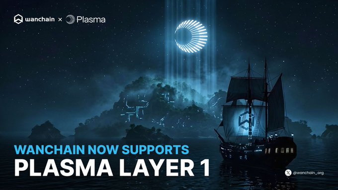 The image features a large black ship sailing through a dark blue ocean under a starry night sky, with a crescent moon above it. The ship appears to be traveling towards the right side of the image. In front of the ship, there is text that reads "Wanchain Now supports Plasma Layer 1". This suggests that the ship might be using Plasma Layer 1 for navigation or communication purposes.