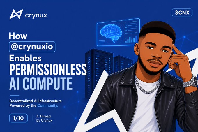 A promotional graphic for Crynux ($CNX) titled 'How @crynuxio Enables PERMISSIONLESS AI COMPUTE' labeled as a thread (1/10) about decentralized AI infrastructure.
