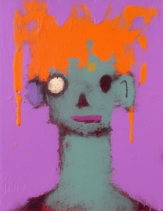 An expressive painting of a figure with a blue-grey face, one glowing yellow eye, and vibrant orange hair dripping like paint against a purple background.
