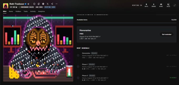 A screenshot of an NFT minting platform showing 'Rekt Trodooor' collection with a pixel art image of a hooded figure, a mint countdown, and schedule phases for Honoraries, Phase 1, and Phase 2.