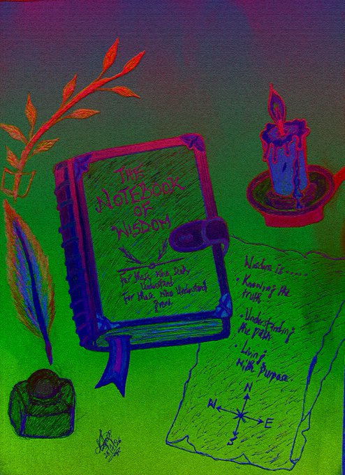 A colorful digital drawing featuring a purple book titled 'The Notebook of the Divine' next to a melting red candle and a list reading 'Nothing is... Knowing the Truth, Understanding the path, Living with Purpose.'