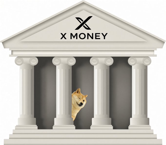 A classical bank-style building labeled 'X MONEY' with the X logo, featuring a Shiba Inu dog peeking out from between the columns.