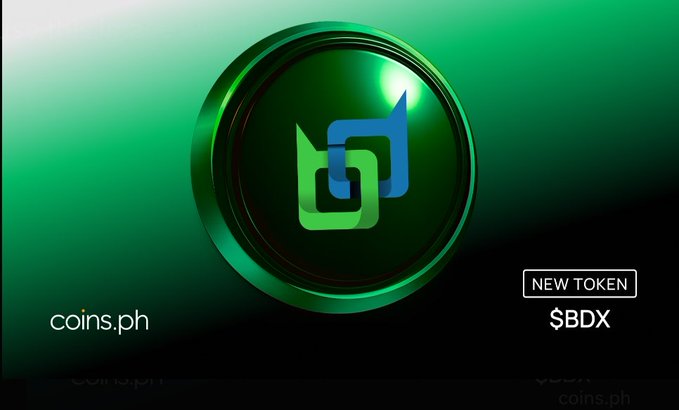 A promotional graphic for coins.ph featuring a green circular logo with an interconnected chain link design, advertising a "NEW TOKEN $BDX" against a green gradient background.