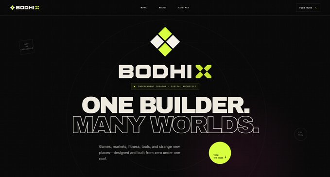 A website landing page for 'BODHI X' features the tagline 'ONE BUILDER. MANY WORLDS.' with descriptions of games, markets, and digital manifestos.