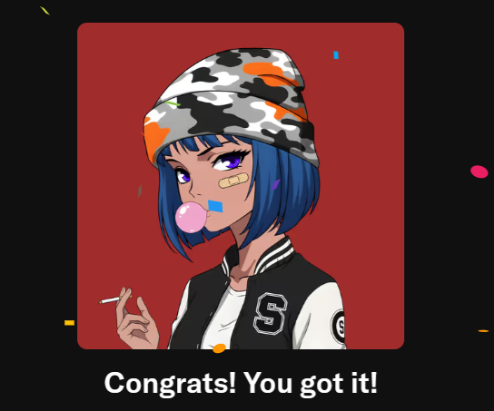 An anime-style illustration of a blue-haired girl with a bandaged cheek, blowing a bubblegum bubble while holding a cigarette, with the text 'Congrats! You got it!'