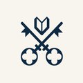 A small dark blue logo or icon depicting crossed keys with clover-like shapes at the ends.