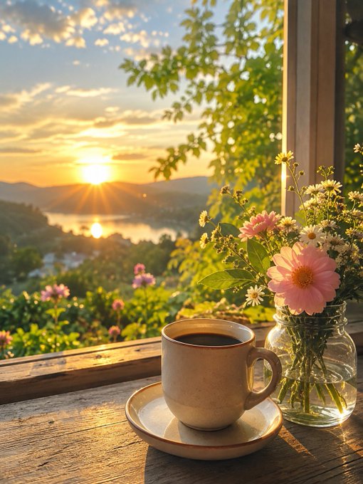 A scenic view of a cup of coffee on a wooden table next to a jar of flowers, looking out a window at a sunset over a river and hills.