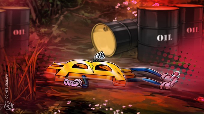 A Cointelegraph cartoon showing a Bitcoin character lying face-down in oil spills near oil barrels, symbolizing cryptocurrency controversies.