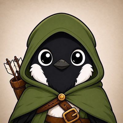 A cute cartoon penguin dressed as Robin Hood in a green hooded cloak with a quiver of arrows, perfectly matching the Robin Hood NFT giveaway theme.