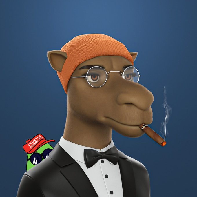 A 3D-rendered cartoon camel character wearing an orange beanie, round glasses, and a black tuxedo with bow tie, smoking a cigar, with a small green companion character wearing a red cap visible in the background.