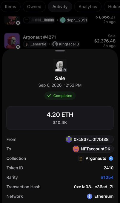 A screenshot of an NFT transaction showing a completed sale of 'Argonaut #4271' for 4.20 ETH ($10.4K) on the Ethereum network.