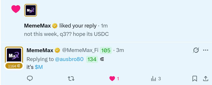 Social media interaction showing MemeMax replying "it's $M" to a question about whether the token is USDC.