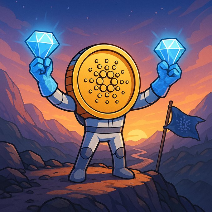 The image features a cartoon character dressed as a robot with arms raised high above its head holding two blue diamonds. The character appears to be standing on top of a mountain, possibly at sunset or sunrise, giving the impression that they are in a mountainous region. The caption provided seems unrelated and does not directly connect to the image. It could be an unrelated statement or a description unrelated to the main subject matter.