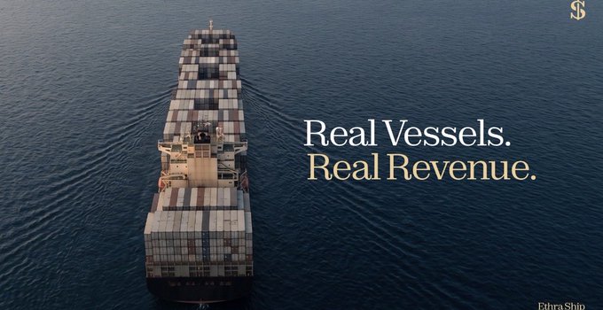 An aerial view of a large container ship on the ocean with the text 'Real Vessels. Real Revenue.' and an 'S' logo in the corner, labeled 'Ethra Ship'.