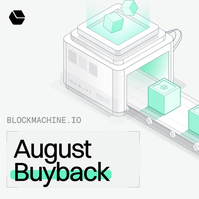 A Blockmachine.io graphic featuring an isometric illustration of a machine processing mint-green cubes on a conveyor belt, with "August Buyback" highlighted text.