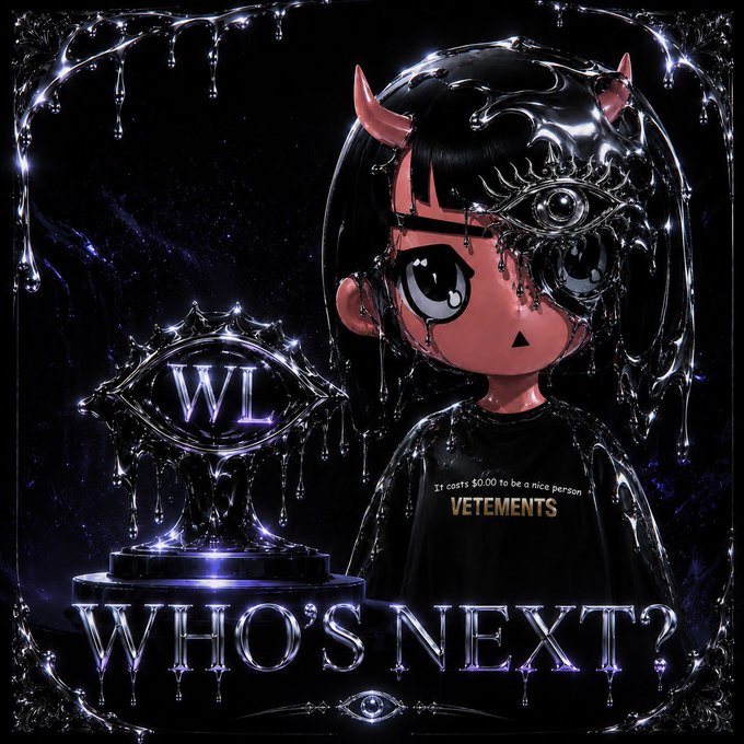 A dark, gothic digital artwork features a cartoon-style figure with small horns and a chrome third-eye mask, standing beside an ornate eye-shaped trophy engraved with "WL." Text at the bottom reads "WHO'S NEXT?" and the figure's shirt displays "It costs $0.00 to be a nice person" and "VETEMENTS," reinforcing the post's call to "DROP YOUR WALLETS" and join "t.me/trapouzz" as the "LAST 2 WINNERS LEFT."