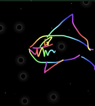 A vibrant rainbow-colored sketch of a fish with sharp teeth floats against a black background dotted with circular black holes, fitting the "Black Holes" theme of the #PlayOnDicey challenge announcing two $100 winners.