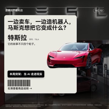 A promotional graphic featuring a red Tesla car with Chinese text including 'TSLA' and '全球资产便利店', highlighting a discussion about Tesla's future with AI and robots.
