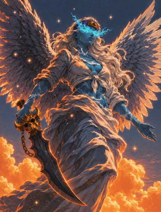 A fantasy illustration of a blue-skinned angel with large wings, flowing blonde hair, and a glowing blue crown, wielding an ornate dark sword against a sunset sky with stars.