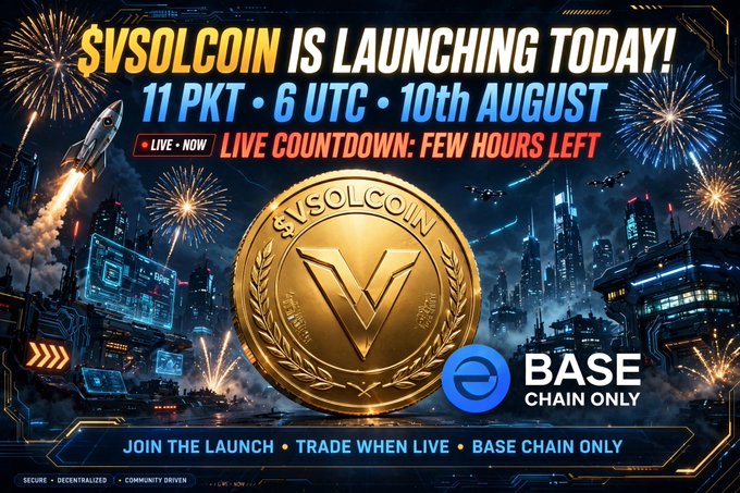 Promotional banner for '$VSOLCOIN IS LAUNCHING TODAY!' at 11 PKT / 6 UTC on 10th August, described as secure, decentralized, community-driven, and 'BASE CHAIN ONLY'.