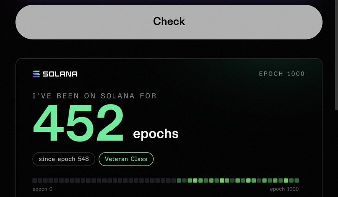 A Solana dashboard shows the user has been on the network for 452 epochs since epoch 548, earning them 'Veteran Class' status out of epoch 1000.