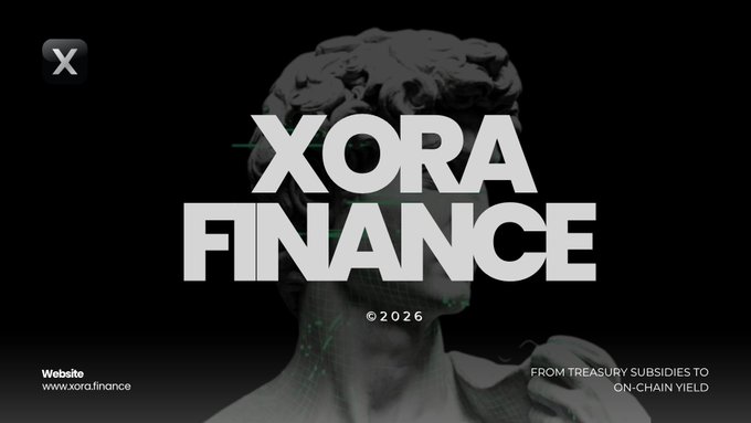 A dark promotional banner for 'XORA FINANCE ©2026' featuring a classical statue with green accents and the tagline 'FROM TREASURY SUBSIDIES TO ON-CHAIN YIELD', along with the website www.xora.finance.