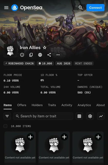 OpenSea NFT collection page for 'Iron Allies' on Robinhood Chain, showing 10,000 items, 503 unique owners (5%), and 0.10 USDG floor price.