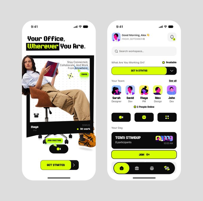 Two mobile app screens for a workplace app titled 'Your Office, Wherever You Are,' showing team members (Sarah, David, Maya, Alex, John), status options, and a 'Team Standup' scheduled for 10:00 AM.
