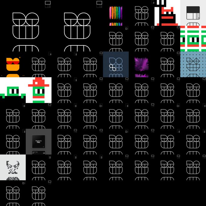 A grid of pixel art icons on a black background shows mostly white outlines of figures, with a few colored icons including a green character and a red pixel art figure.