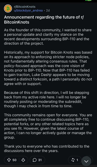 A Reddit post from r/BitcoinKnots by u/blockdyor_andrea titled 'Announcement regarding the future of r/BitcoinKnots' announcing the founder stepping back due to changes regarding BIP-110.