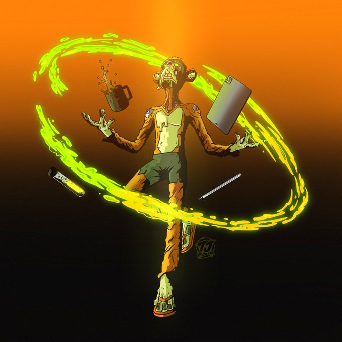 A stylized digital illustration shows a character in a yellow and brown jacket juggling a coffee mug, smartphone, test tube, pencil, and other items while surrounded by swirling neon green energy rings against an orange-to-black gradient background.