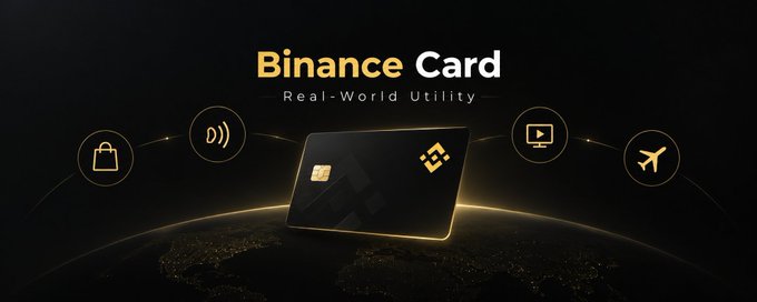 A promotional banner for "Binance Card" featuring a black and gold credit card with the Binance logo displayed against a dark, globe-lit background, surrounded by icons representing shopping, contactless payment, streaming, and travel—visually reinforcing the post's message about bridging crypto holdings with real-world everyday spending.