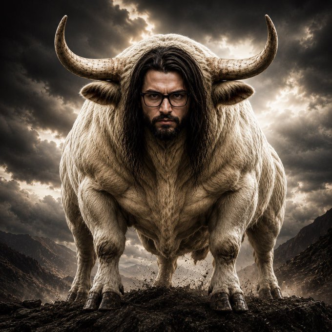 A muscular white bull with a man's bearded face, long dark hair, and glasses stares intensely forward against a dramatic stormy sky, symbolizing a bullish crypto market surge—fitting for a $15 SOL giveaway promotion encouraging engagement.