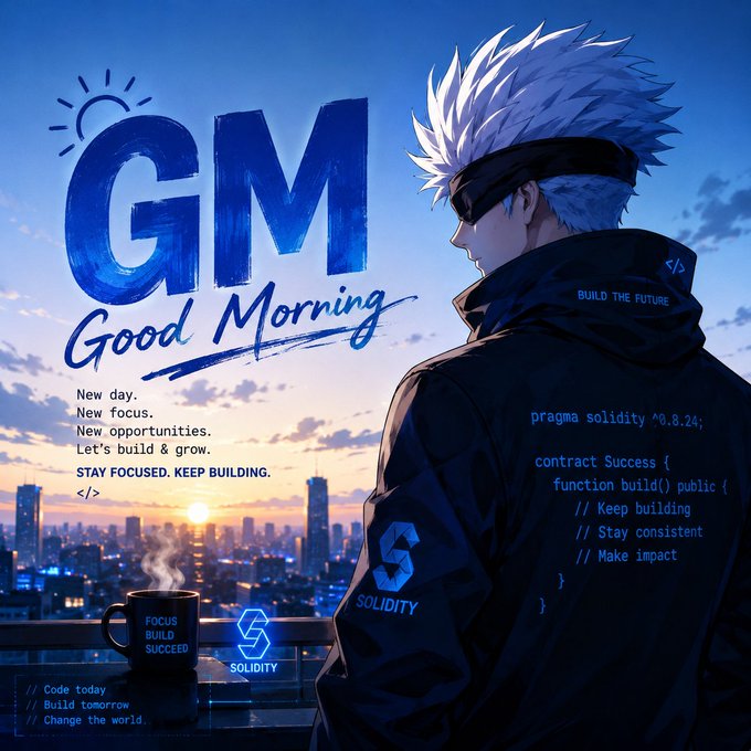 A 'Good Morning' digital artwork featuring an anime-style character with white spiky hair and a black blindfold wearing a jacket labeled 'SOLIDITY' and 'BUILD THE FUTURE', set against a city skyline at sunrise with Solidity smart contract code visible.