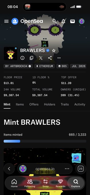 A mobile screenshot of OpenSea showing the 'BRAWLERS' NFT collection by ARTBROCK34 on Ethereum, with floor price $13.81, 24H volume $9,387.54, and 665/3,333 minted.
